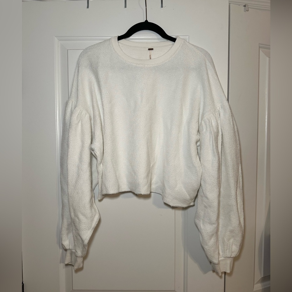 Free People White Cropped Balloon Sleeve Crewneck